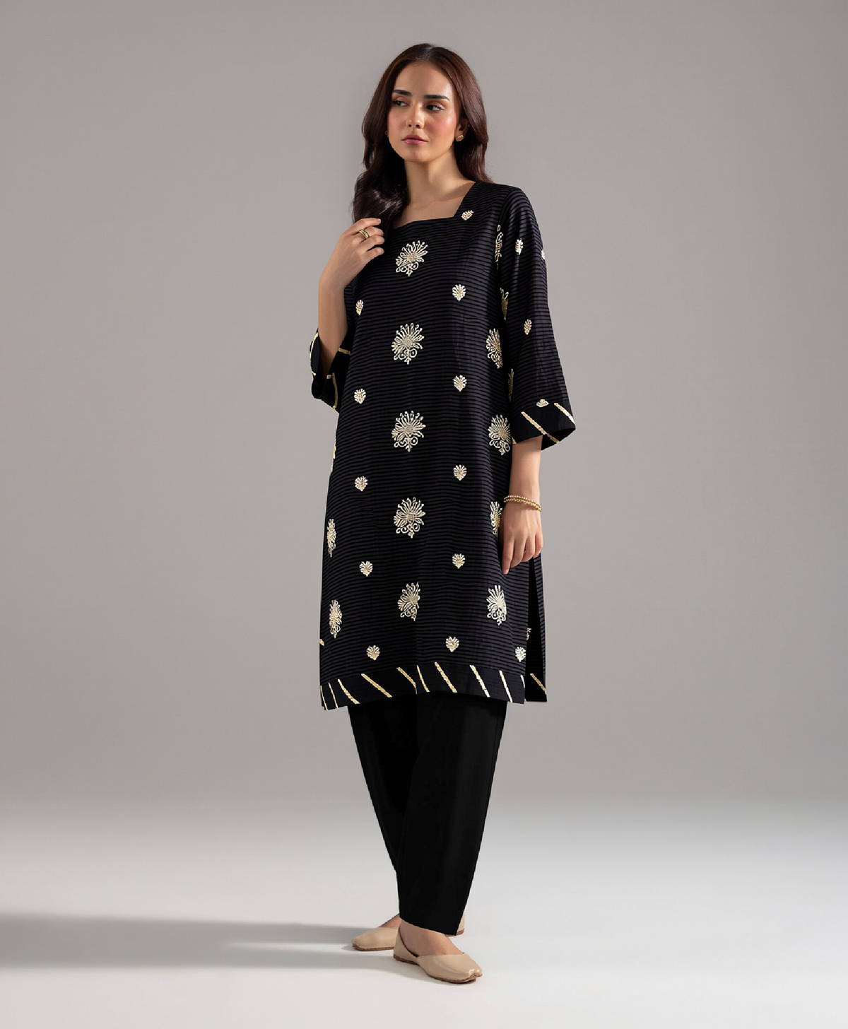 2 Piece - Black Embroidered Striped